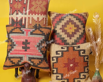 4 Set jute Vintage Kilim Pillow,Home Decor,Handwoven Turkish Pillow,Moroccan Pillow,Decorative Throw Pillow, Kilim Cushion Cover,Jute Pillow