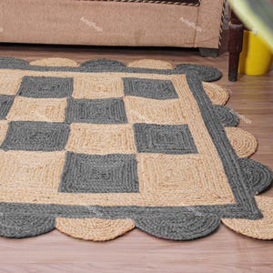 Grey Scalloped Jute Rug: Handwoven Boho Area Rug