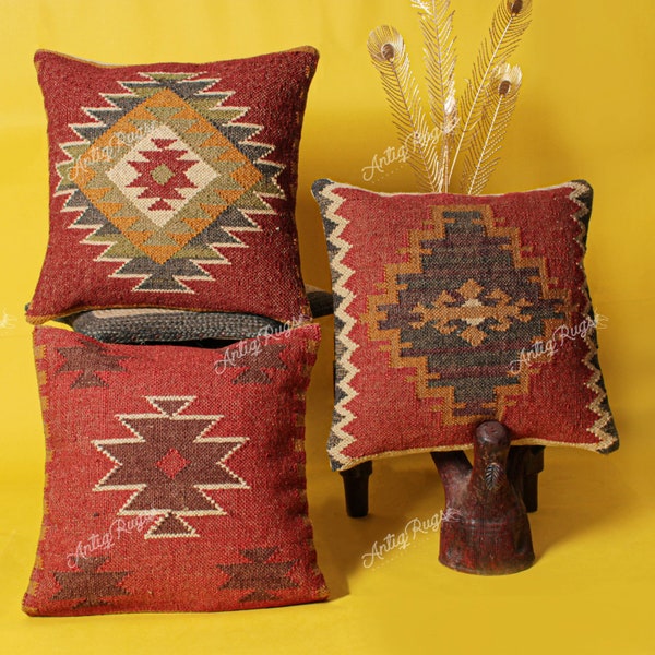 Lot de 3 taies d'oreiller kilim tissées à la main en laine naturelle de jute | Taies d'oreiller écologiques bohèmes de 18 x 18 po.