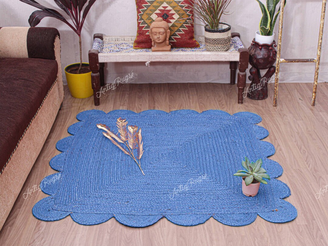 Hand Braided Jute Scalloped Rug,border Jute Runner, Bohemian Eco Blue