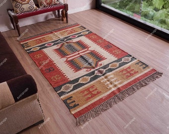 Handgefertigter Teppich aus Wolle und Jute, Kelim-Dhurrie-Teppich, traditionelle indische Teppiche aus Wolle und Jute