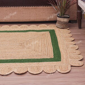 Custom Size/Color and Shape, Natural Jute Hand Braided Green Bordered Jute Runner/Rug/Doormat, Bohemian Area Rugs, Home Decor Staircase