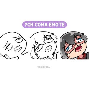 Peut inclure: Un dessin en noir et blanc d'une personne avec une expression surprise, les yeux grands ouverts et la bouche légèrement ouverte. La personne porte une chemise blanche. Le dessin est intitulé "YCH COMA EMOTE" et "voideyes_" en bas.