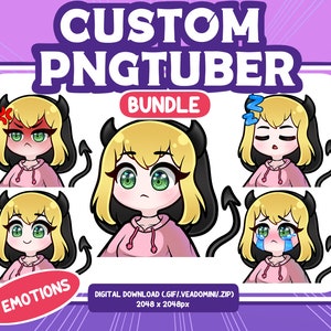 May include: A digital download bundle of five animated PNGs featuring a cartoon character with different expressions. The character is a blonde female with black horns and a pink hoodie. The expressions include angry, neutral, sleepy, crying, and happy. The text "CUSTOM PNGTUBER BUNDLE" and "5 EMOTIONS" are also included in the image.