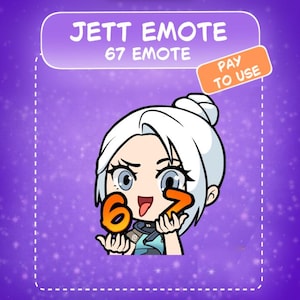 Puede incluir: Imagen de dibujos animados de un personaje con cabello blanco y ojos azules, sosteniendo los números 6 y 7. La imagen está sobre un fondo púrpura con el texto "JETT EMOTE 67 EMOTE" y "PAY TO USE".