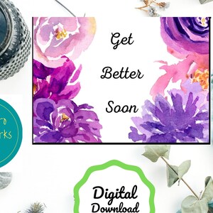 Word snel beter, paarse bloemen beterschapskaart, kaart voor iedereen onder het weer, afdrukbaar, digitaal product, blanco van binnen.