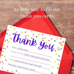 Compilazione del biglietto di ringraziamento, Biglietti di ringraziamento facili per bambini, Biglietto di ringraziamento per tutte le occasioni, Biglietto stampabile, 8,5x11 pollici due biglietti per pagina,