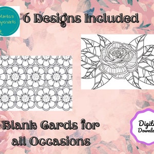 Könnte beinhalten: Digitaler Download von Blankokarten für alle Gelegenheiten. Das Bild zeigt sechs Designs, darunter ein Blumenmuster und eine Rosenillustration. Der Text lautet "6 Designs Included" und "Blank Cards for all Occasions". Das Produkt ist ein digitaler Download.
