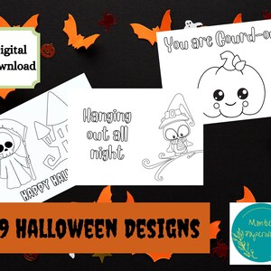 9 Halloween-kortdesigner, färglägg korten som du vill, digital nedladdningsbar produkt, utskrivbar, vikbar kort