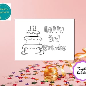 Happy 3rd Birthday, Coloring Card, Kids Card, Printable Card, Fold able card, Birthday Cake,