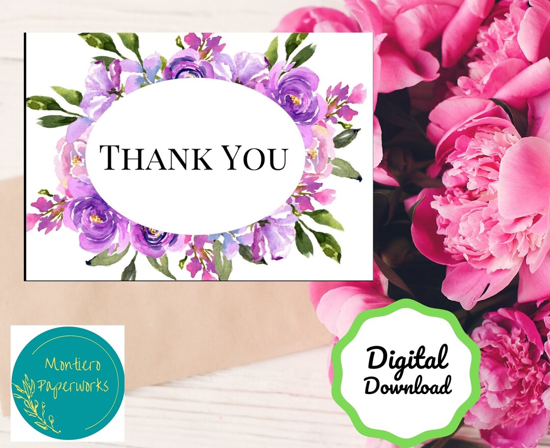 Thank You Card, Purple Floral Designed Card for Loved Ones, Printable ...