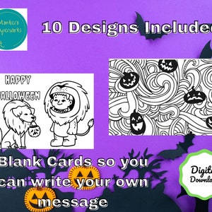 10 unika Halloween-kortdesigner, Färglägg varje design som du vill, Utskrivbar, Digital, Tomt kort inuti, Halloween-temakort
