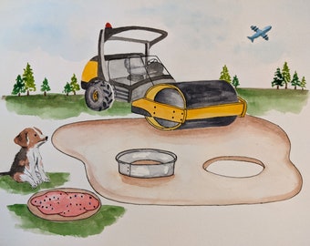 Original watercolor Construction Truck painting, Steamroller with Sugar Cookies and Beagle Dog