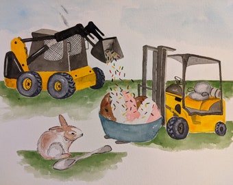 Original Watercolor Construction Truck Painting, Forklift and Skid Loader, Ice Cream and Sprinkles