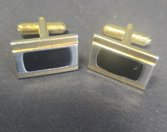 Gold Tone Black Enamel Rect Cufflinks Mens Bullet Back Formal Dress Jewelry