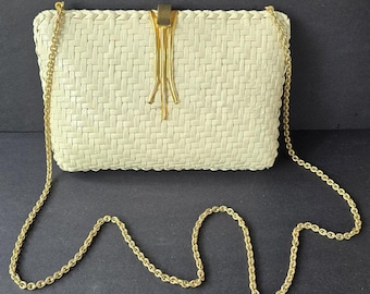 Vintage Rodo Crossbody Bag Womens Small White Wicker Gold Chain Tassel Italy