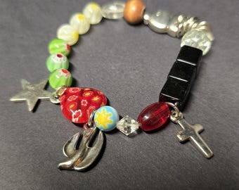 Multicolor Glass Beaded Charm Bracelet Womens Stretch Heart Cross Boho Jewelry