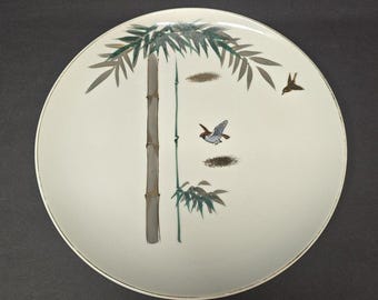 Vintage Y.Y Bambus Vögel Teller Porzellan Japan Weiß Gold Zierleiste asiatisch
