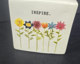 Rae Dunn Inspire Flowers Ceramic Plaque Small Farmhouse Tabletop Decor