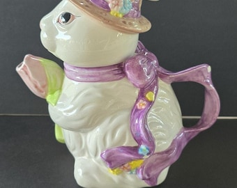 White Ceramic Bunny Teapot Easter Tulip Spout Purple Bow Hat Spring Decor *chip