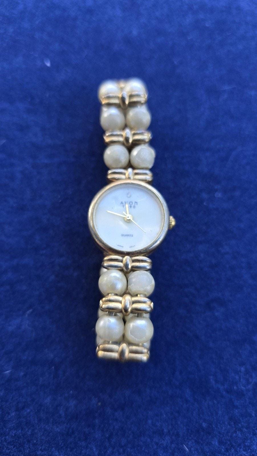 Avon 1990 Womens MoP Quartz Watch Gold Tone Faux Pearl Bracelet Avon Pearl Watch (ULTRA RARE!!) DETAILS: - silver sunburst  main image 3