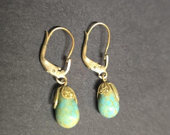 Turquoise Teardrop baumeln Tropfen Ohrringe Gold Ton Brisur Womens Boho Schmuck