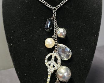 Silver Tone Peace Key Charm Y-Drop Necklace Glass Bead Costume Jewelry 18in