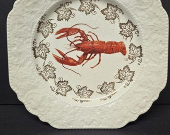 Talerz z homarami w stylu vintage Lord Nelson Pottery z białymi tłoczonymi liśćmi, Anglia