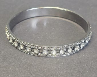 Silver Tone Rhinestone Bangle Bracelet Womens Slip On Costume Jewelry 8.2in