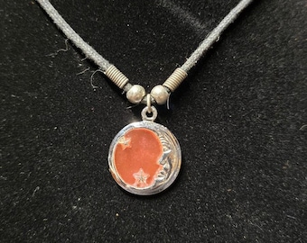 Orange Moon Star Pendant Necklace Silver Tone Resin Celestial Hook Jewelry
