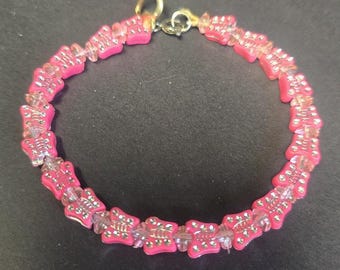 Pink Butterfly Beaded Bracelet Girls Plastic Heart Spring Ring Jewelry 5in