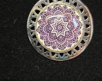 Purple Mandala Round Pendant Necklace Stainless Steel Glass Costume Jewelry 18in