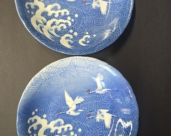 Blue and White Porcelain Soup Plates Set 2 Round Cranes Waves Japan Tableware