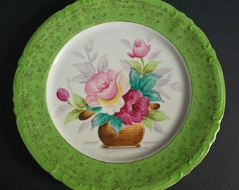 Vintage Porcelain Plate Painted Floral Basket Green Border Gold Trim Decor