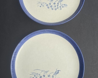 White Glaze Blue Floral Stoneware Salad Plates Set Of 2 Round Dishe