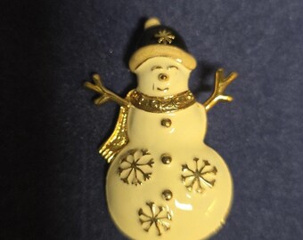 Schneemann Weihnachten Brosche Pin weiß Emaille Gold Ton Schneeflocke Winter Schmuck