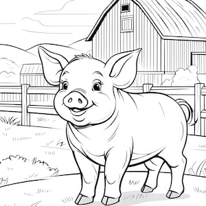 May include: A black and white line drawing of a pig standing in a field in front of a barn. The pig is smiling and has a curly tail.