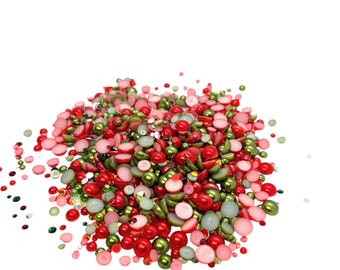 Classic Christmas, Flatback Pearls and Rhinestone Mix, Sizes Range 3MM-10MM, Flatback Resin Rhinestones, Faux Pearls Mix, Mixed Sizes