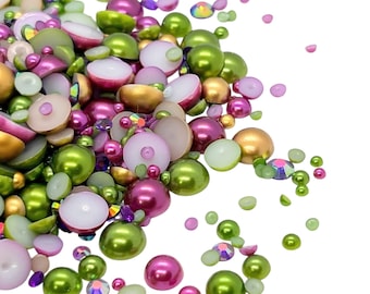 Mardi Gras Flatback Pearls and Rhinestone Mix, Sizes Range 3MM-10MM, Flatback Resin Rhinestones, Faux Pearls Mix, Mixed Sizes