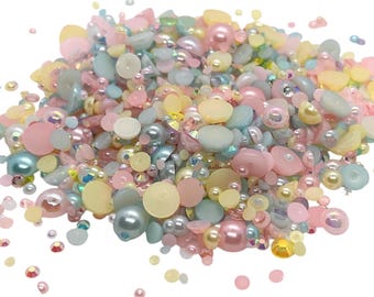 Perfect Pastels, Flatback Pearls and Rhinestone Mix, Sizes Range 3MM-10MM, Flatback Resin Rhinestones, Faux Pearls Mix, Mixed Sizes