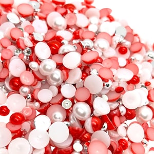 Candy Cane Lane, Flatback Pearls and Rhinestone Mix, Sizes Range 3MM-10MM, Flatback Resin Rhinestones, Faux Pearls Mix, Mixed Sizes