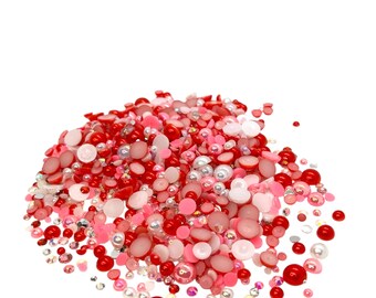 Hearts on Fire, Flatback Pearls and Rhinestone Mix, Sizes Range 3MM-10MM, Flatback Resin Rhinestones, Faux Pearls Mix, Mixed Sizes