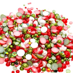Christmas Cheer, Flatback Pearls and Rhinestone Mix, Sizes Range 3MM-10MM, Flatback Resin Rhinestones, Faux Pearls Mix, Mixed Sizes
