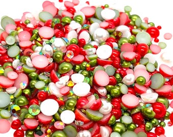 Christmas Cheer, Flatback Pearls and Rhinestone Mix, Sizes Range 3MM-10MM, Flatback Resin Rhinestones, Faux Pearls Mix, Mixed Sizes