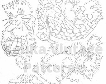 Disegni da ricamo a forma di gattino: disegni da trasferire su strofinacci vintage (download PDF)