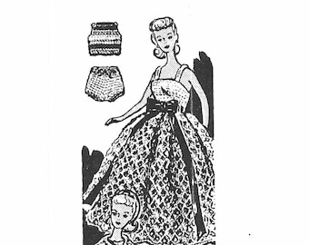 May include: A crochet pattern for a doll dress, jacket, and pants. The pattern includes instructions for a black and white dress, a black and white jacket, and a striped skirt and pants.