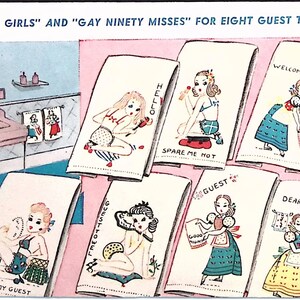 May include: Eight white guest towels with colorful illustrations of women in various poses and outfits. The towels have text on them, including "Welcome Friend", "Hello", "Spare Me Not", "Guest Towel", "Dear", and "For My Guest".