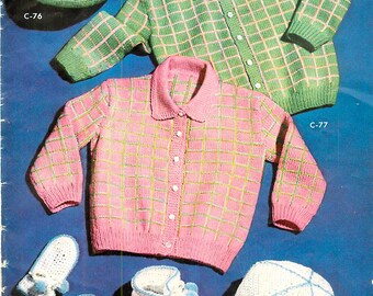 Vintage 1950s Knitted Baby Sweater Set Pattern: Cardigan, Booties, Cap (PDF)