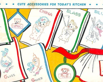 Disegni da ricamo per cucina vintage: modelli di trasferimento per strofinacci (download PDF)