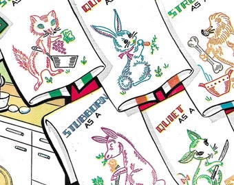 Vintage Kitchen Animal Embroidery Designs: Tea Towel Designs for Transfer (PDF Download)